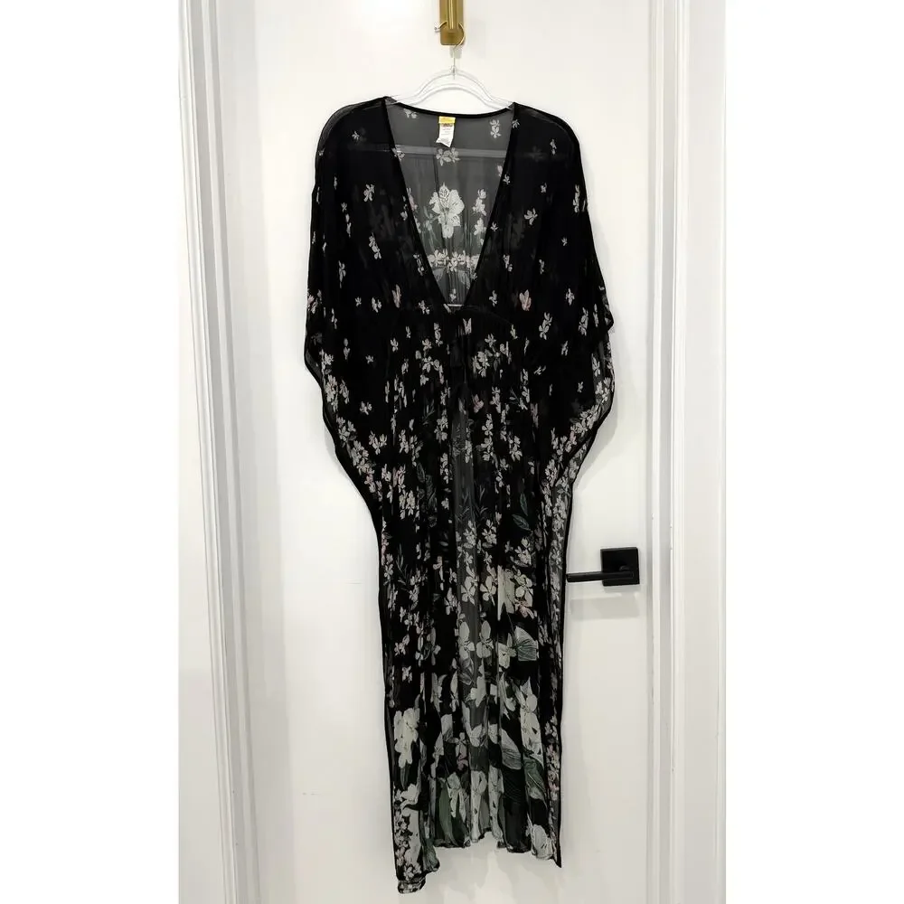 Agua Bendita floral kimono tunic beach cover-up, botanical floral pattern